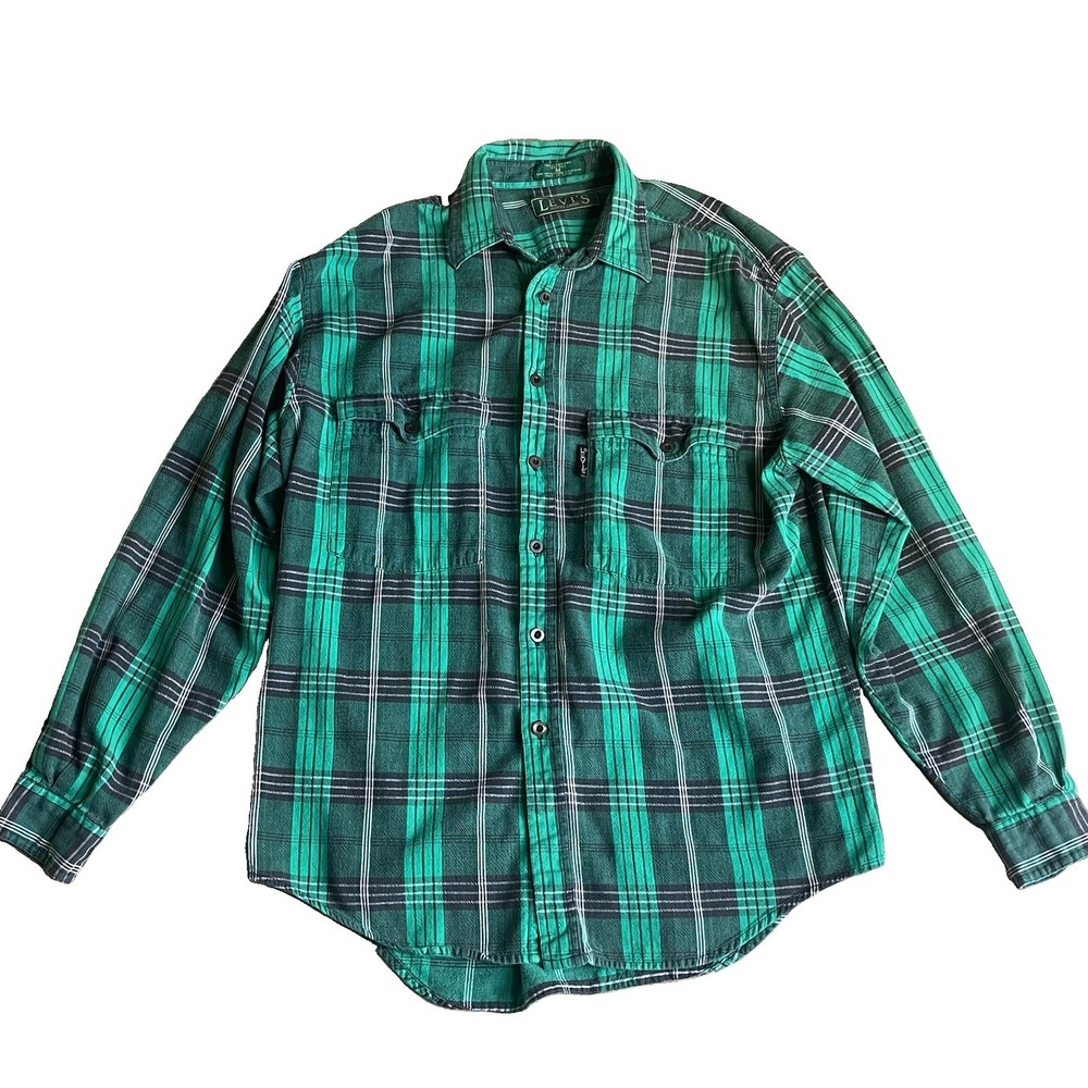 Levi's Silvertab Flannel Shirt Men's M Green Plaid 100% Cotton Grunge Y2K